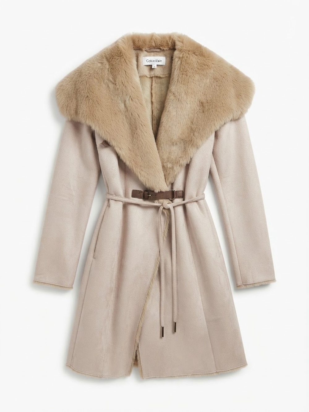Calvin Klein Cream Faux Suede Shearling Faux Fur Trim Coat (Size XS)